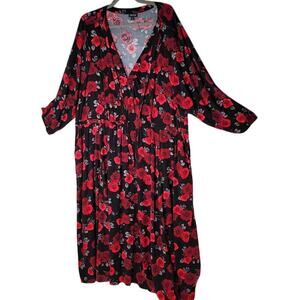 Torrid Size 4 Dress Black Red Roses Floral Front Tie Pockets Boho Whimsygoth